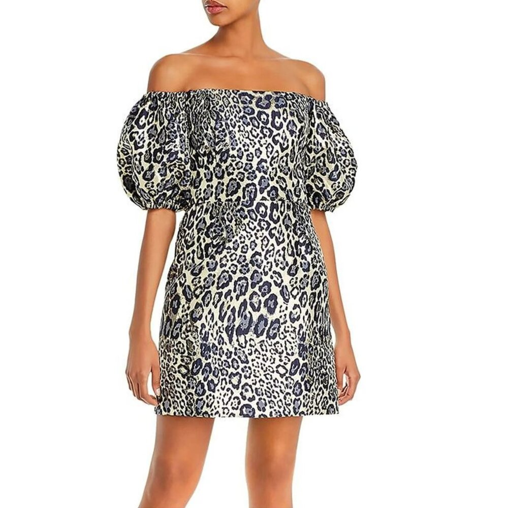Aidan Metallic Leopard Print Puff-Sleeve Dress - Silver and Blue Formal